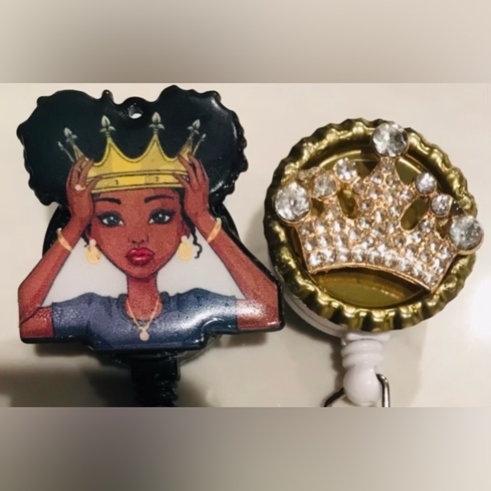 2 Gold Crystal Bling Black CROWN QUEEN Nurse Sister ID Holder badge Reels